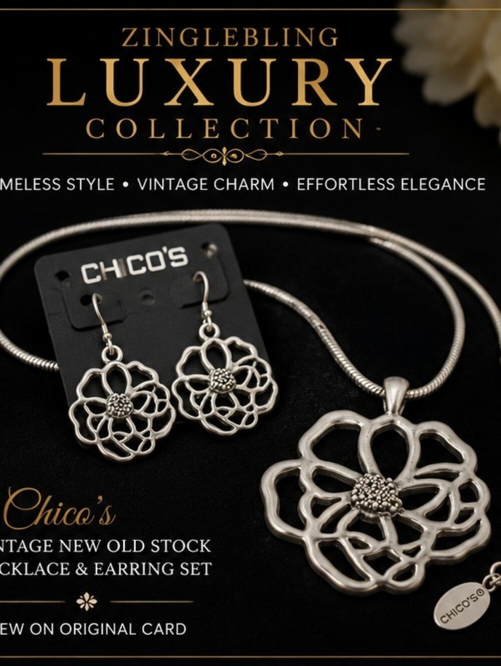 Vintage Chico’s NOS Silver Tone Floral Statement Necklace Earrings Set